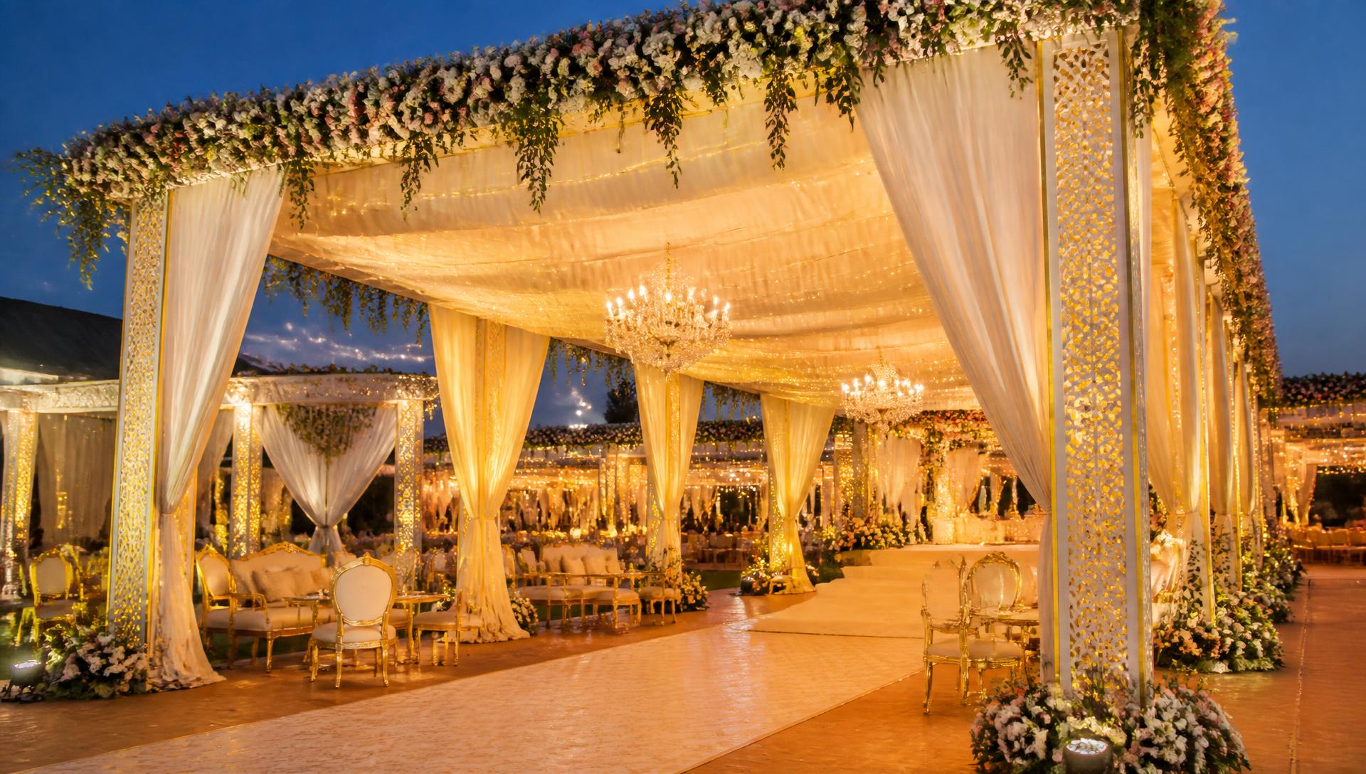 Grand royal outdoor wedding tent with drapes and chandeliers
